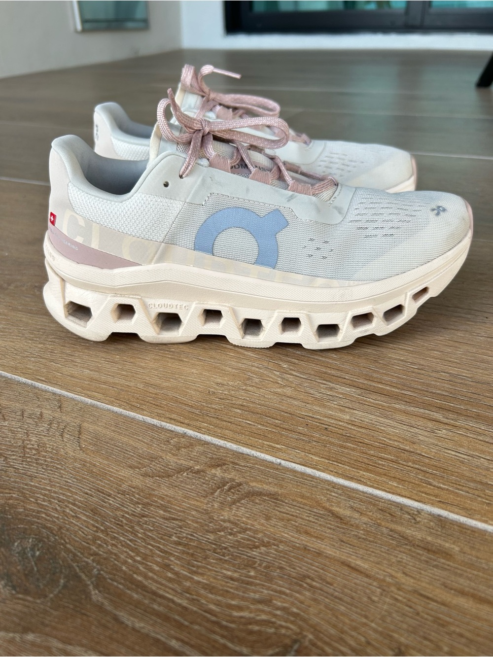 On Running Women's Cloudmonster Sneakers in Light Pink, Cream, and Pale Blue
